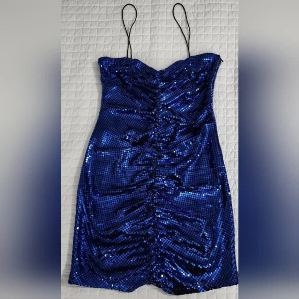 Zara Ink Blue Spaghetti Strap Sequin Ruched Disco Mini Dress  9420/701 Size L